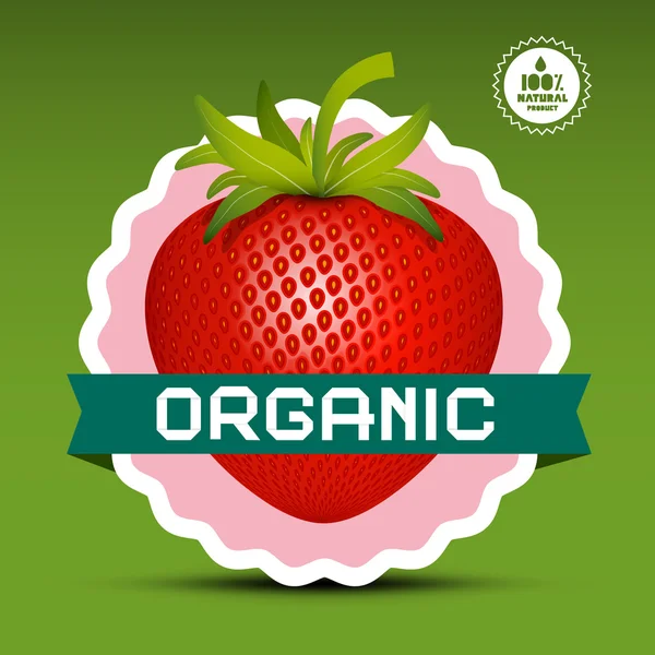 Organic Logo. Red Strawberry in Pink Circle Label. Organic Retro Tag. Logotype Healthy Food Fruit Symbol. — Stock Vector