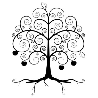 Ağaç sembolü - soyut vektör ağaç siluet beyaz arka planda - kıvrılmış Ağaç kökleri ve elma ile izole
