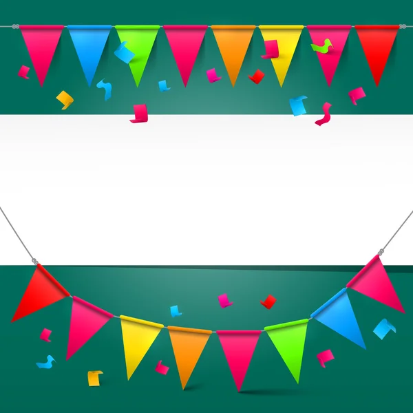 Green Background with Colorful Party Flags and Empty Paper Space — Stock Vector