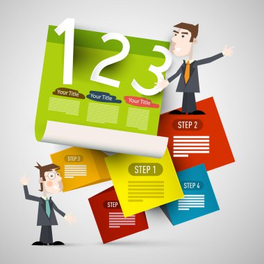 İşadamları ile Infografik Kağıt Düzeni. Renkli Perspektif Kağıtları ile İşadamı Sunum Şablonu. Vektör Infographics İllüstrasyon.