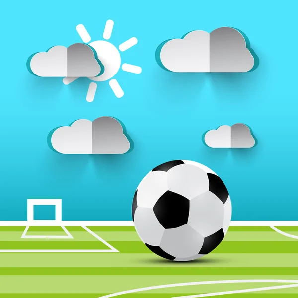 Футбольный мяч на детской площадке. Векторная футбольная иллюстрация. Футбольный стадион с мячом - зеленая лава и голубое небо с бумажными кусочками облаков . — стоковый вектор