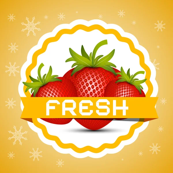Εικονογράφηση φράουλας. Φρέσκιες φράουλες. Ρετρό ετικέτα με τρεις φράουλες σε πορτοκαλί φόντο. — Διανυσματικό Αρχείο