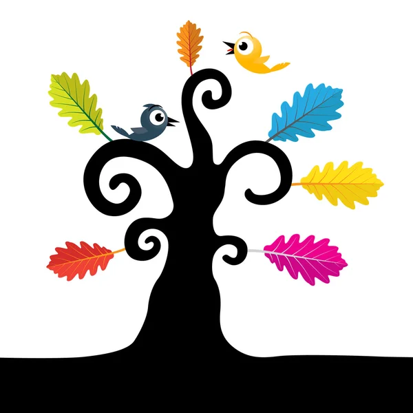 Abstrakter Vektorbaum. Baum mit gekräuselten Ästen und bunten Blättern. Abbildung schwarzer Baum auf weißem Hintergrund. — Stockvektor