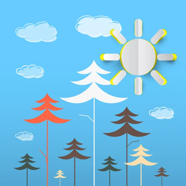 Bomen cartoon. Vector bos met wolken op een blauwe achtergrond. Papier gesneden zon op natuur achtergrond. — Stockvector