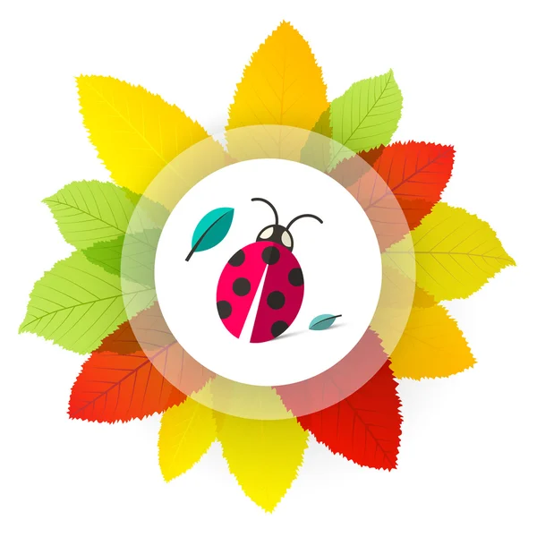 Ladybug - Ladybird on Leaves. Vector Cartoon with Colorful Leaves and Bug. — Stock Vector