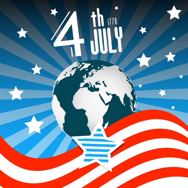 4 juli. Självständighetsdagen. Amerikanska flaggan med Earth-Globe på Night Sky retro illustration. — Stock vektor