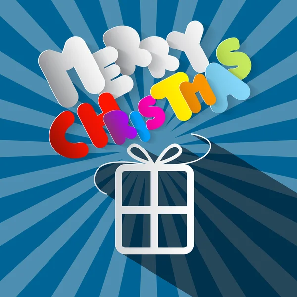 レトロブルーの背景にメリークリスマスペーパーギフトボックスとタイトル — ストックベクタ