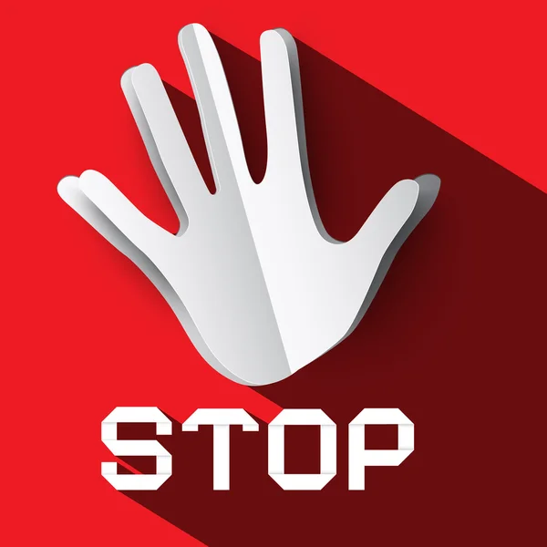 Stoppskylt. Palm Hand med Stop titel. Vektor Stop Symbol med papper skära Hand. Långa skugga platt Design stoppikonen på röd bakgrund. — Stock vektor