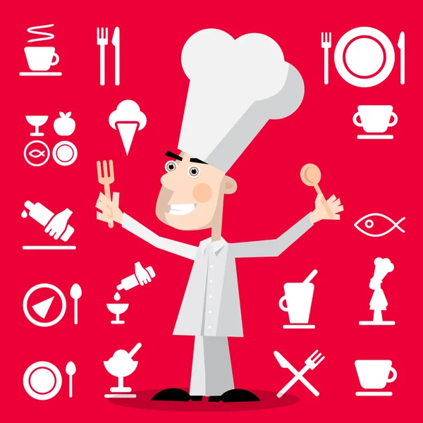 Koch-Karikatur mit Restaurant-Menü-Symbolen auf rotem Hintergrund. Vektorkoch Illustration mit Löffel und Gabel — Stockvektor