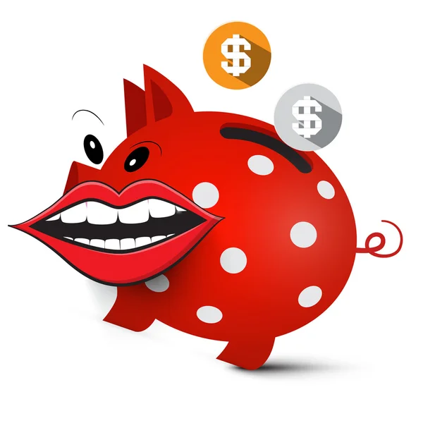 Money Pig. Crazy Piggy Bank with Dollar Coins and Big Mouth Isolated on White Background. — Stock Vector