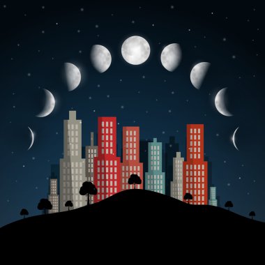 Moon aşama vektör çizim. Gece soyut şehir.