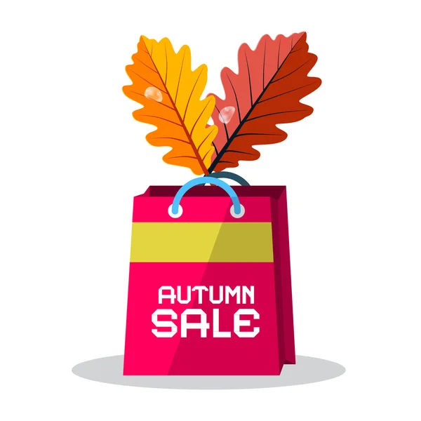 Autumn Sale Pink Paper Shopping Bag with Oak Leaves Isolated on White Background — Stock Vector