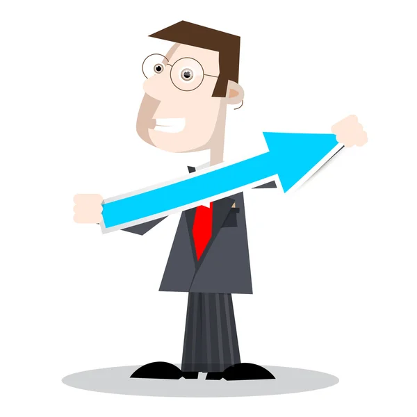 Man in Suit Holding Paper Arrow. Símbolo de éxito empresarial vectorial . — Vector de stock