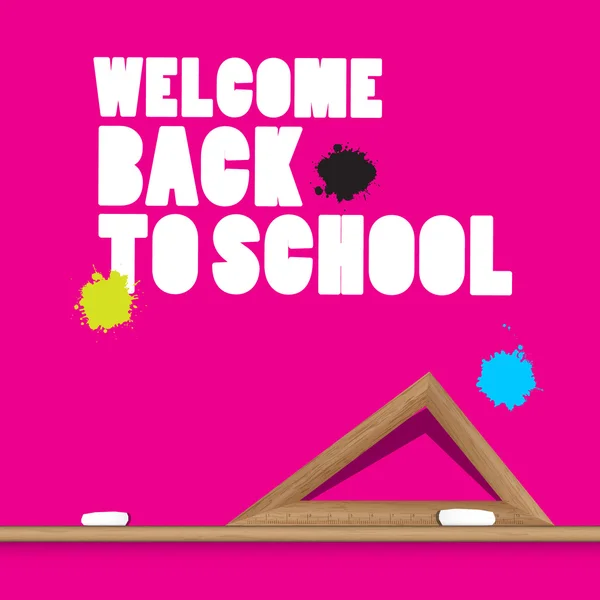 Willkommen zurück zur Schulvektorillustration mit Lineal und Flecken auf rosa Hintergrund. — Stockvektor