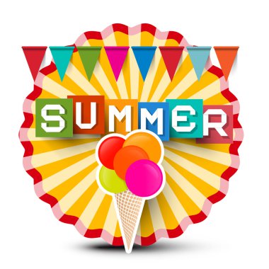 Yaz Retro Etiket. Bayraklar, Renkli Yaz Başlığı ve Dondurma ile Vintage Orange Circle Sticker.