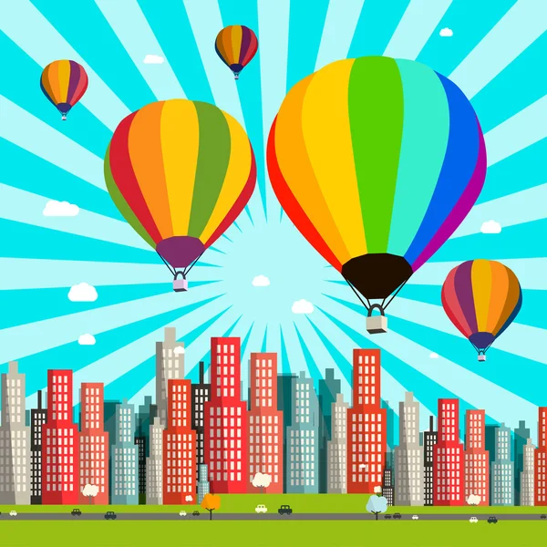 Globos de aire caliente Vector Diseño plano Ilustración con ciudad abstracta — Vector de stock