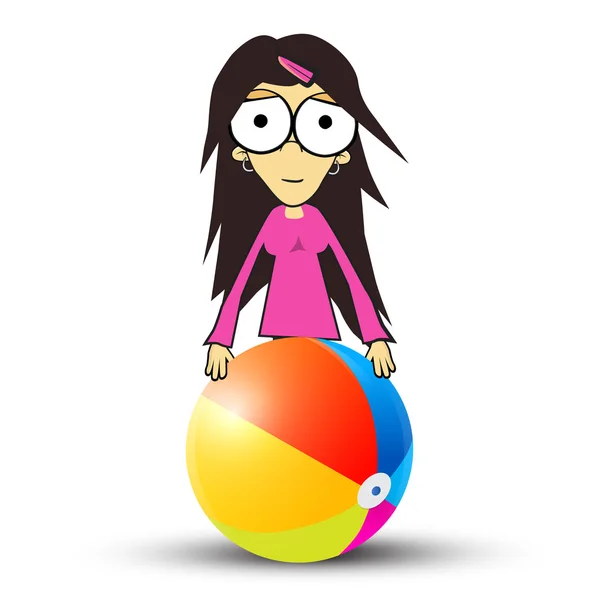 Girl - Woman in Pink Clothes Holding Beach Ball. Vector Summer Portrait Isolated on White Background. — Stock Vector