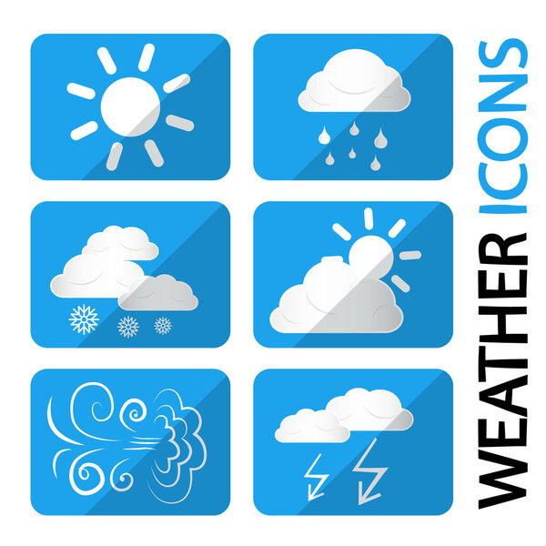 Weather Icons Set. Vector Symbols with Clouds, Sun and Snowflakes. Storm, Rain, Sunny Day, Windy and Cold.