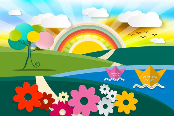 Abstrait Landscape Illustration. Vector Spring - Summer - Automne Fairy Tale Nature Scene. Dessin animé avec fleurs, bateaux en papier, arbre et soleil avec arc-en-ciel . — Image vectorielle