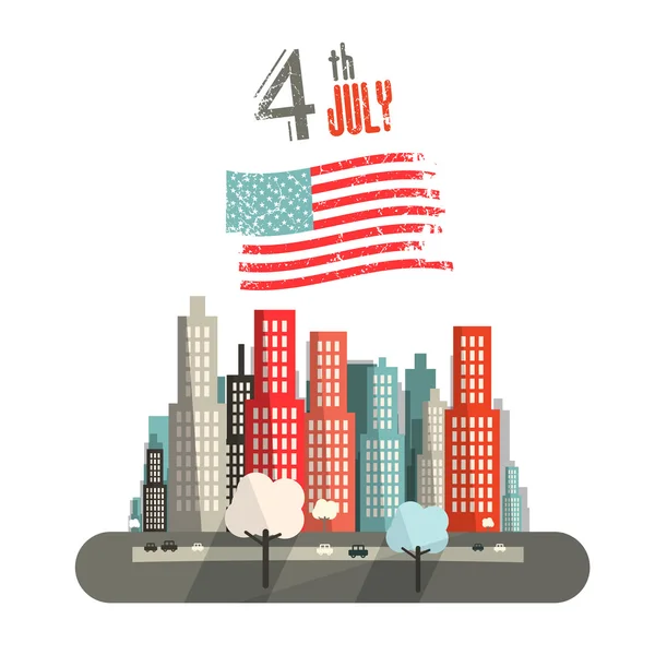 4 th July Title with American Flag and Abstract City on White Background Vector Illustration. — Stock Vector