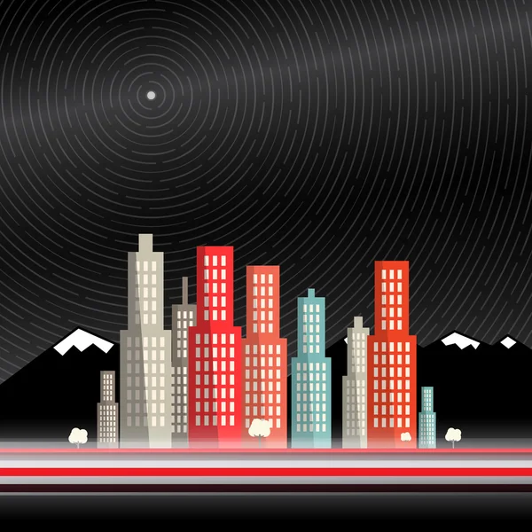 Esposizione di molto tempo. Città astratta vettoriale con montagne e sentieri stellari con stella polare su Deep Dark Night Sky. Scena di design piatto con movimento sfocato Auto e stelle . — Vettoriale Stock