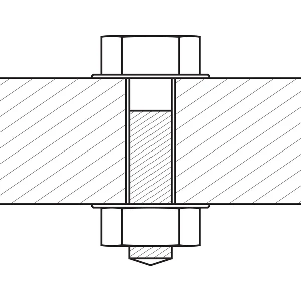 Perno con conjunto de tuercas. Vector Hatched Material Hold by Bold. Dibujo técnico - Ilustración de diseño . — Vector de stock
