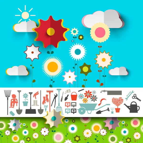 Garden Tools Icons. Vector Flowers Design on Blue Sky with Clouds and Green Grass. — Stock Vector