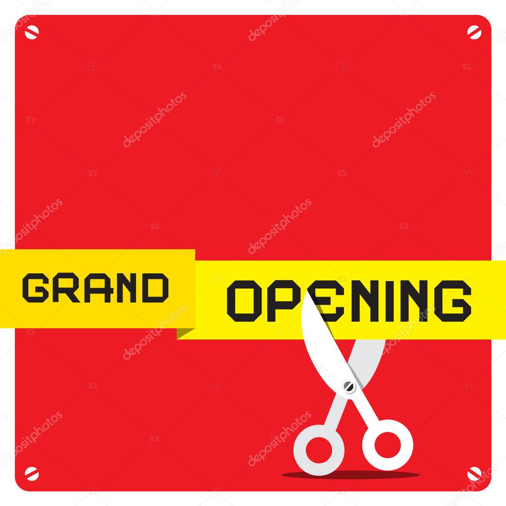 Grand Opening. Vector Red Square with Rounded Corners and Scissors Cutting Yellow Tape.