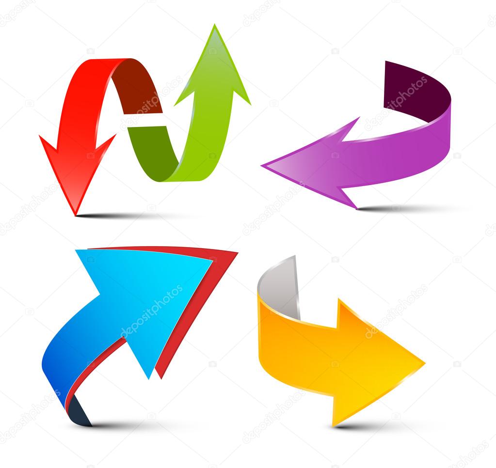 Vector Arrows Set. Colorful 3D Arrows. Logo Arrow Symbols Isolated on White Background.