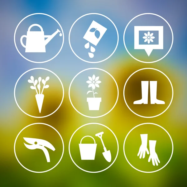 Garden Tools Icons on Blurred Background — Stock Vector