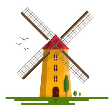 Windmill Vector Illustration - Beyaz Arkaplanda Kırmızı Çatı İzole Orange Sunset Wind Mill