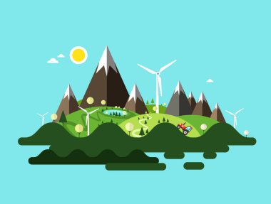 Dağlar ve Değirmenlerle Vector Adası İllüstrasyonu