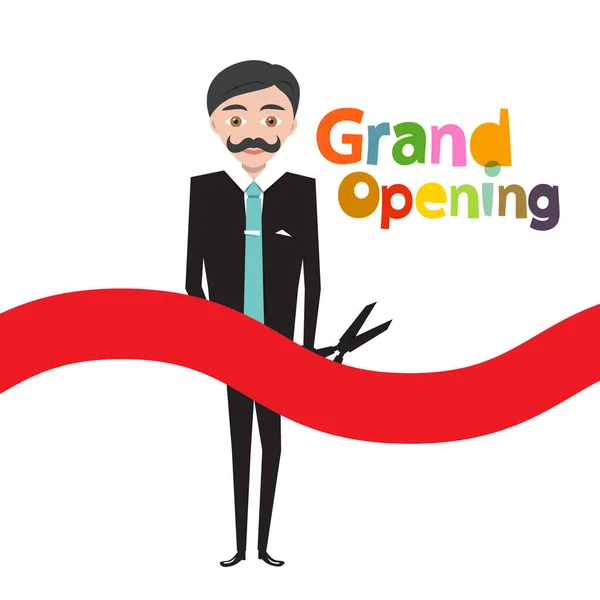 Grand Opening Symbol Manažer Nůžkami Červeným Lukem Izolovaný Bílém Pozadí — Stockový vektor