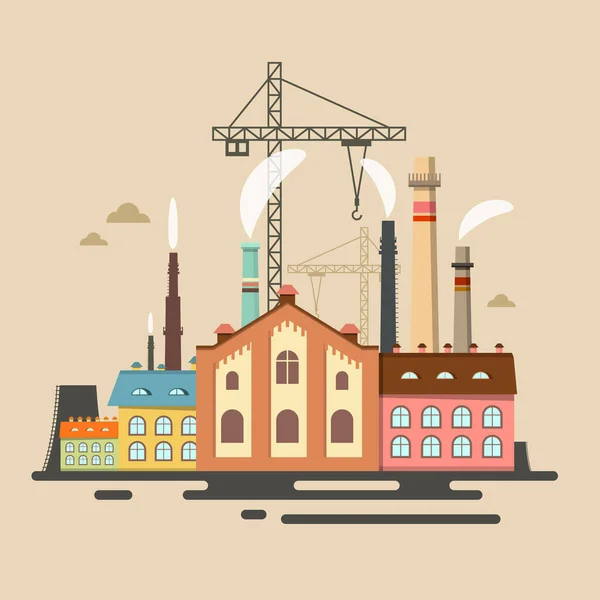 Old Factory Stacks Industrial Polution Vector Flat Design Cartoon — Stock Vector