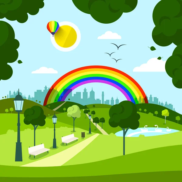 Leeg Stadspark Met Regenboog Achtergrond Vector — Stockvector