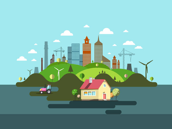 Family House with Industrial City on Background - Vector Flat Design Cartoon