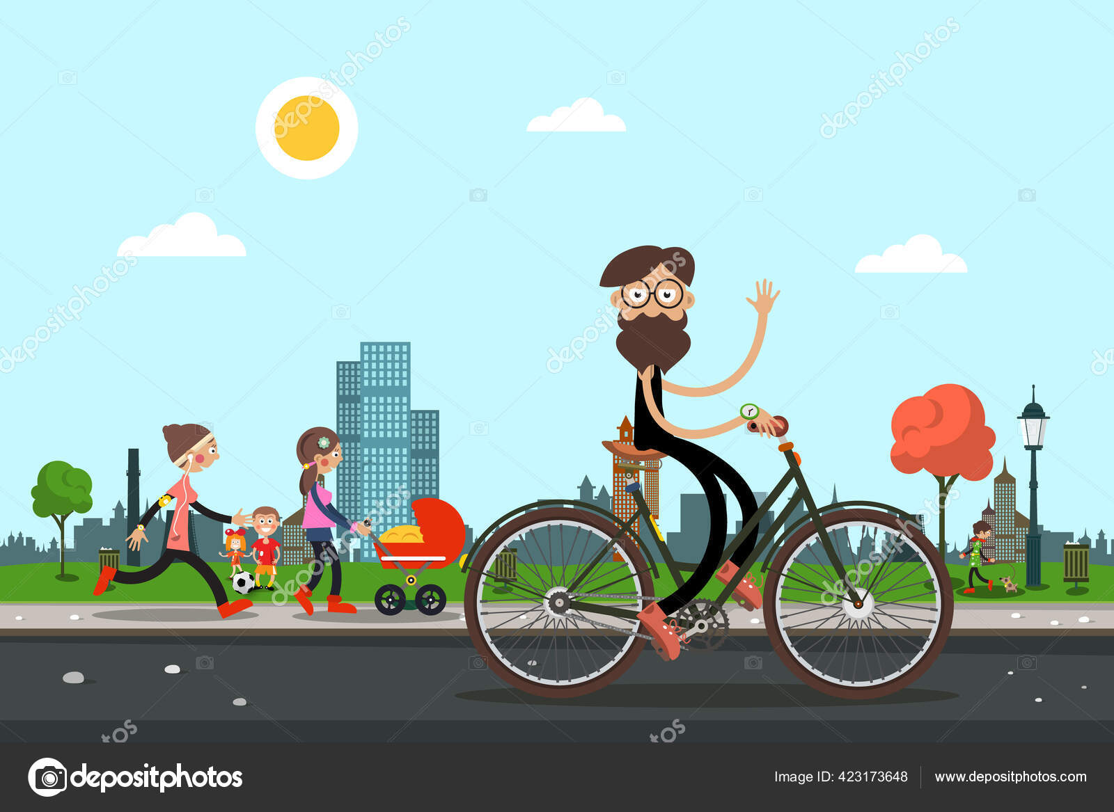 Hombre Bicicleta Con Gente Parque Ciudad Fondo Vector Dibujos