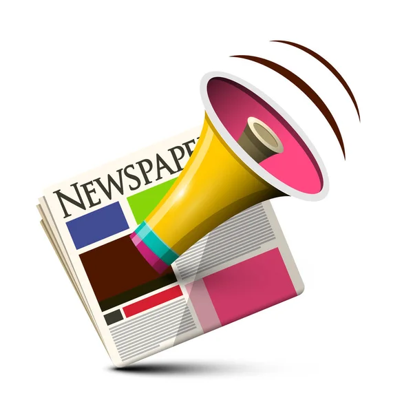 Media Concept Megaphone Newspapers Vector Cartoon Isolated White Background — Stock Vector