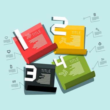 Dört Adımlı Bilgi Tasarımı - Simgeleri ve Sayıları olan Renkli Belgeler - Vektör