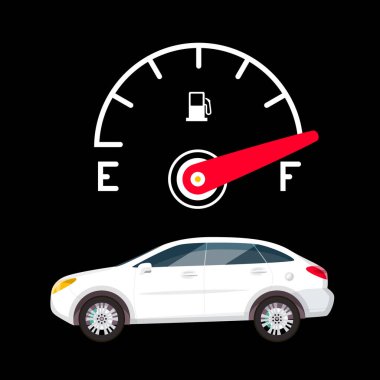 Full Fuel Gauge and White Car on Dark Background - Vector clipart