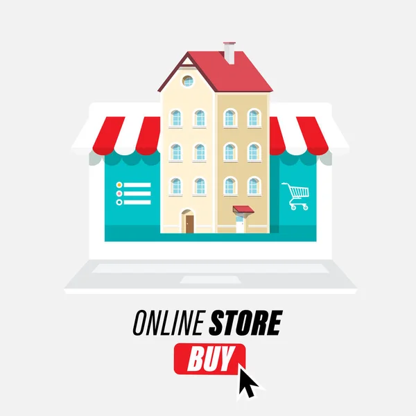 Dizüstü Bilgisayarı Buy Button House Ile Çevrimiçi Mağaza Vektör Tasarımı — Stok Vektör