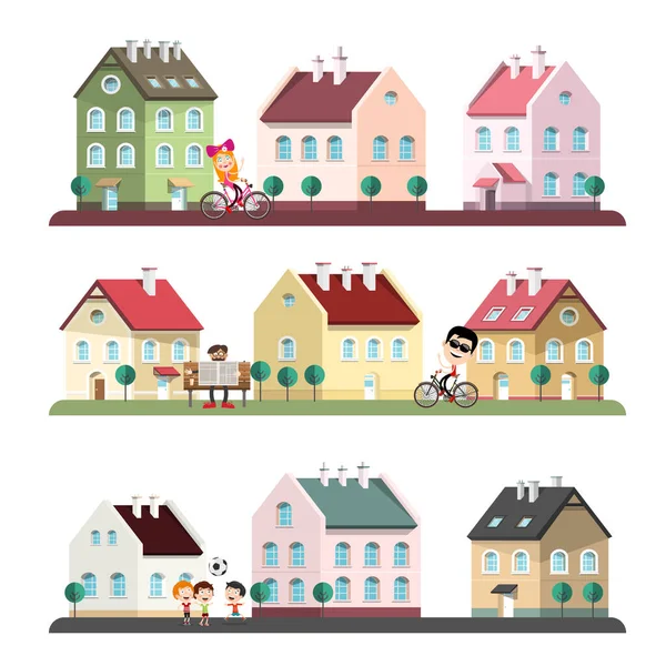 Huizen Bezet Met Mensen Abstract City Village Vector Cartoon — Stockvector