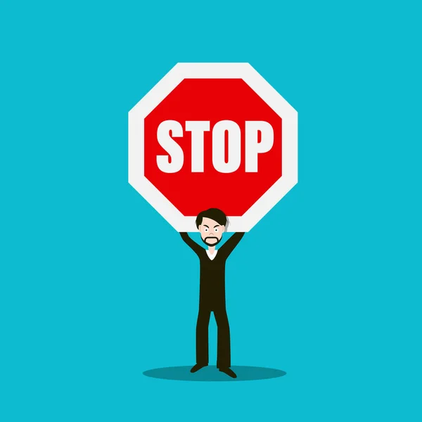 Man Holding Stop Şareti Vektör Karikatürü — Stok Vektör