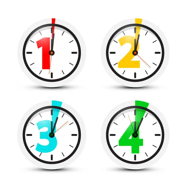 One Two Three Four Minutes Clock Set Isolated White Background — Stock Vector