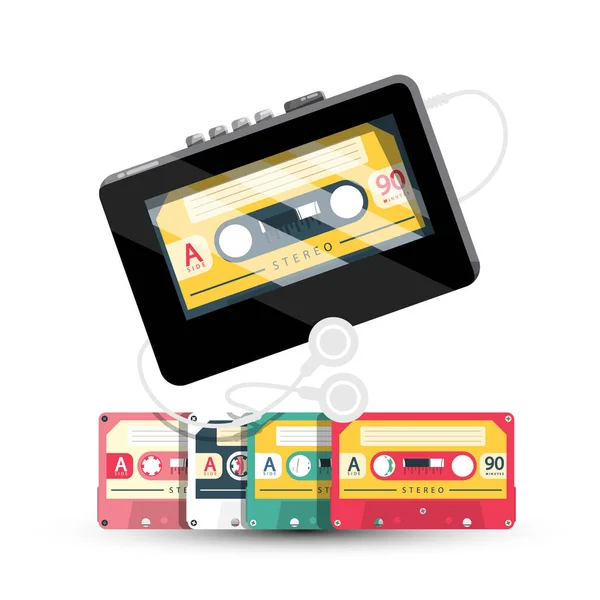 Personal Stereo Retro Cassette Tape Player Cassettes Earphones Isolated White — Stock Vector