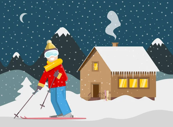 Escena Navidad Invierno Cubierta Nieve Luces Luz Cottage Happy Skier — Vector de stock