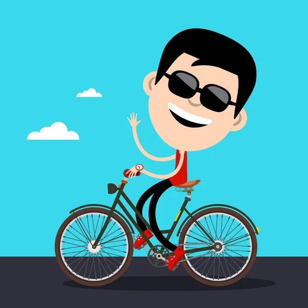 Smiling Man Black Sunglasses Riding Bicycle Waving Hand Vector Cartoon - Stok Vektor