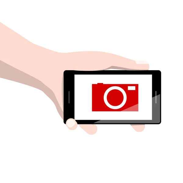 Hand Holding Phone Red Camera Icon Screen — Stock Vector