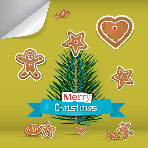 Vector Christmas Card with Gingerbread and Branch - Tree — Stock Vector