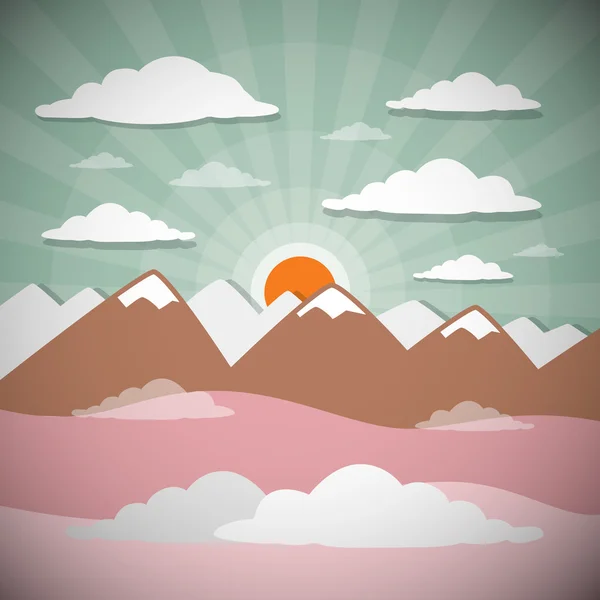 レトロな平らな自然風景のイラストの太陽、丘と雲と — ストックベクタ